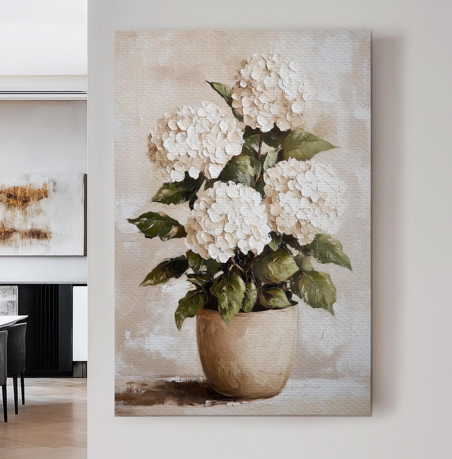 Rustic White Hydrangeas Vertical Floral Still Life, Vintage Neutral Tones Canvas Print, Abstract Flower Printed Canvas Art
