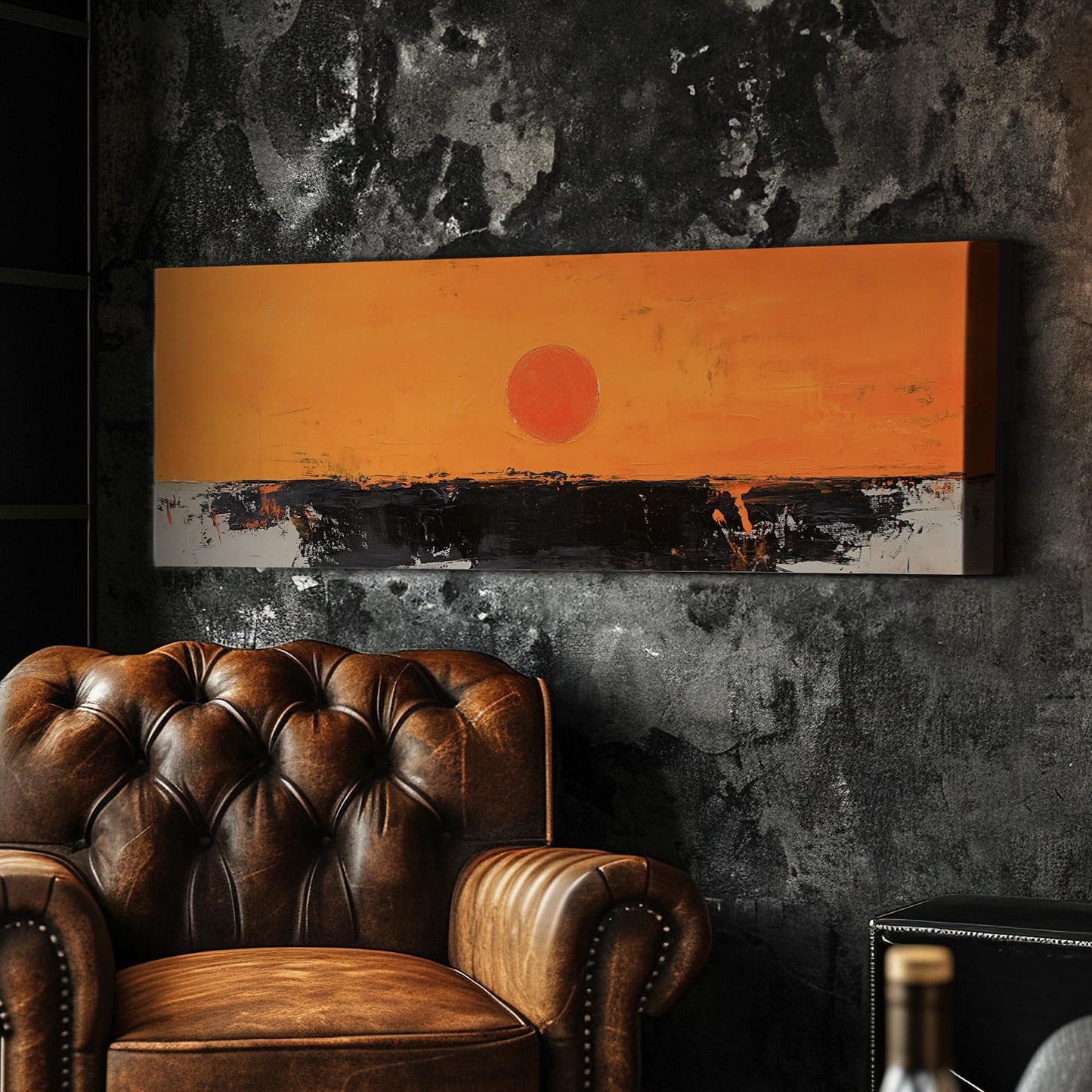 Abstract Sunset Panoramic Warm Hues, Minimal Moody Farmhouse Canvas Print, Dark Lake Printed Canvas Art