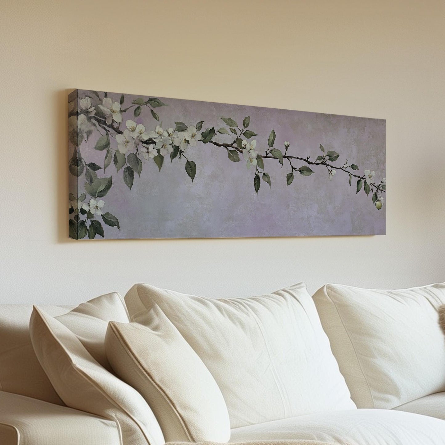 Spring Apple Blossom Branch Panoramic Purple Lights, Minimal Farmhouse Country Canvas Print, Nature Bloom Printed Canvas Art