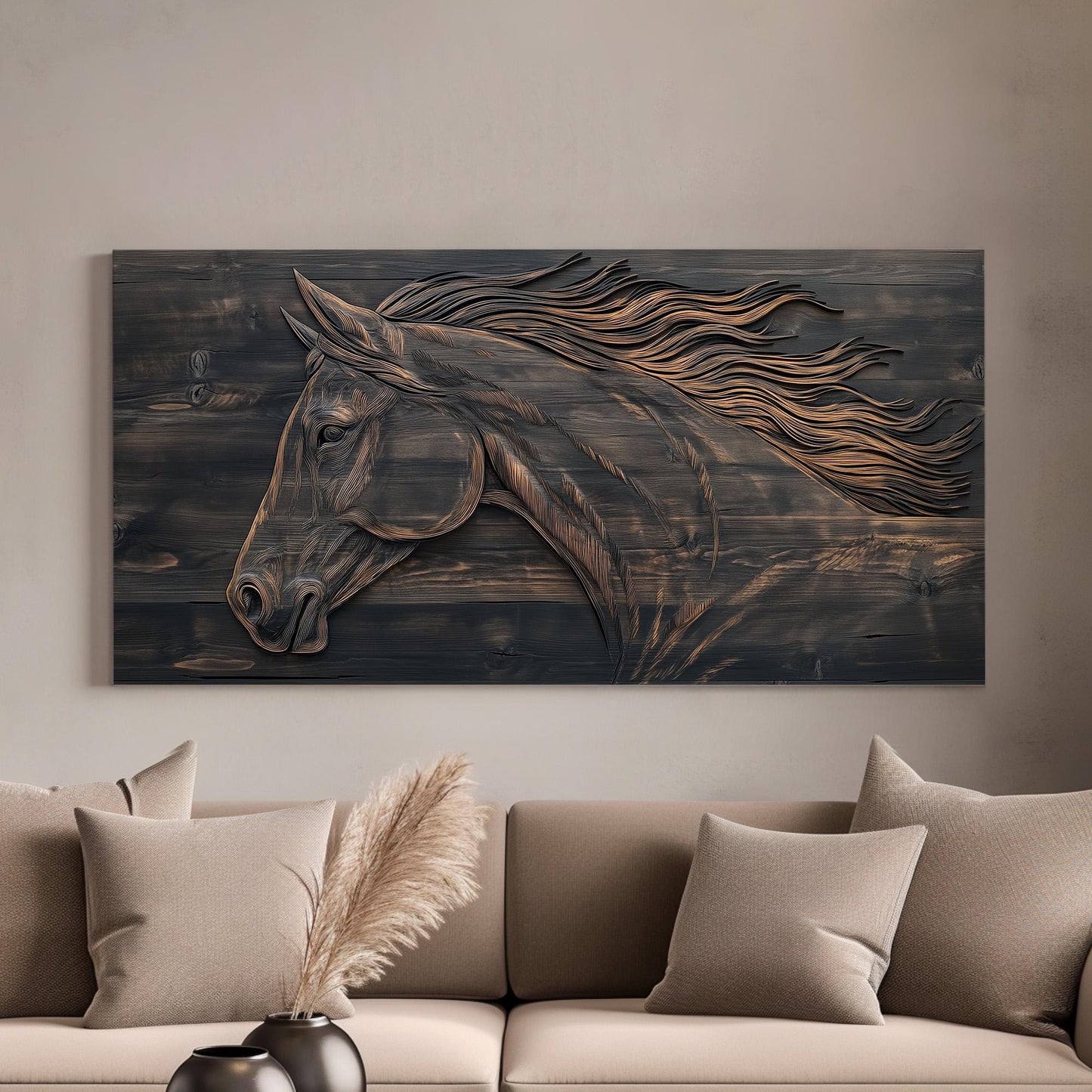Rustic Horse Ranch Lanscape Western Country, 2x1 Farmhouse Equestrian Canvas Print, Wild Riding 20x60 Canvas Art