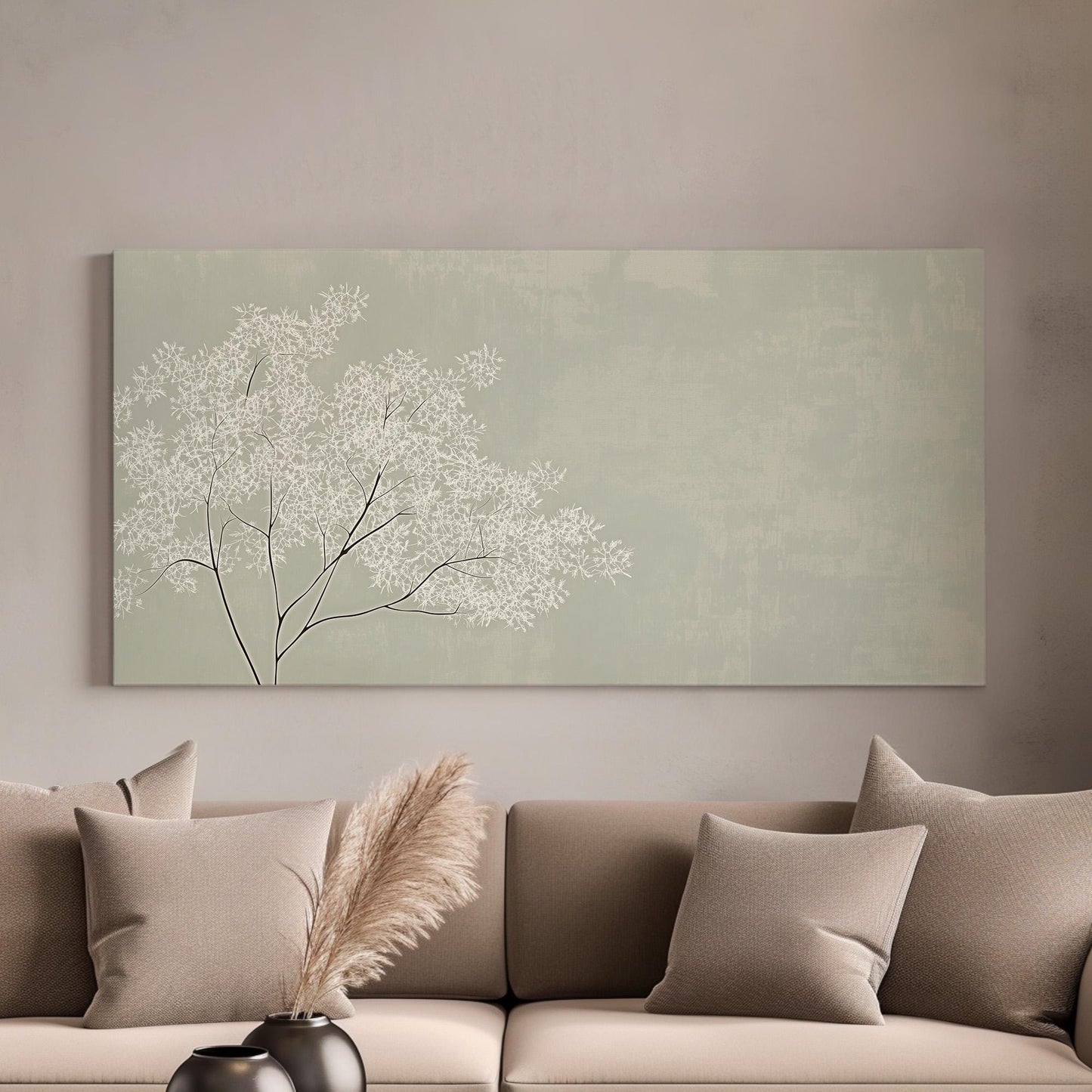 Whispering Blossoms Wall Art For Living Room, Horizontal Monochrome Nature Canvas Print, Scandinavian Decor Canvas Art