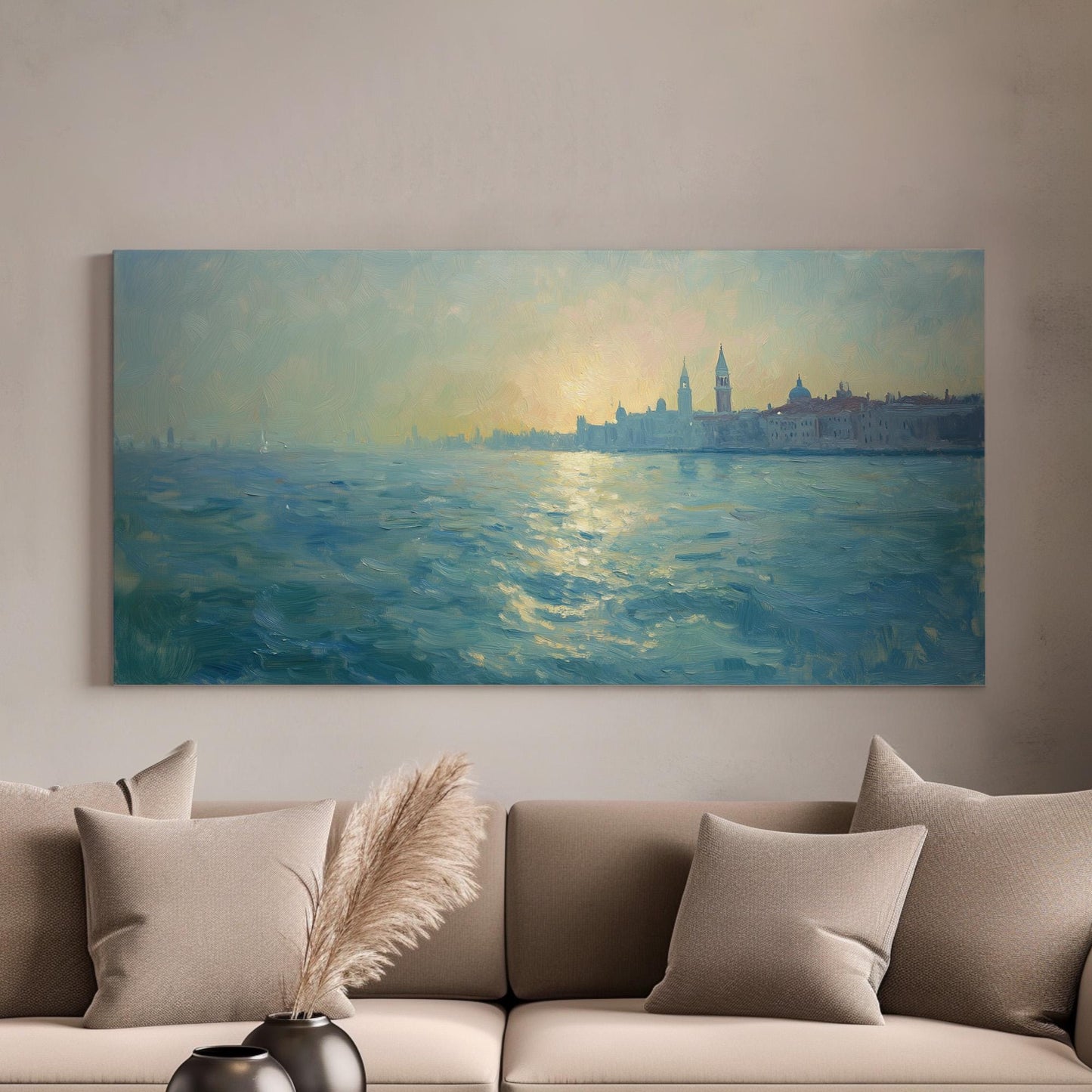 Venice Blue Seascape Wall Art For Living Room, Horizontal Clear Sky Canvas Print, Mediterranean Decor Canvas Art