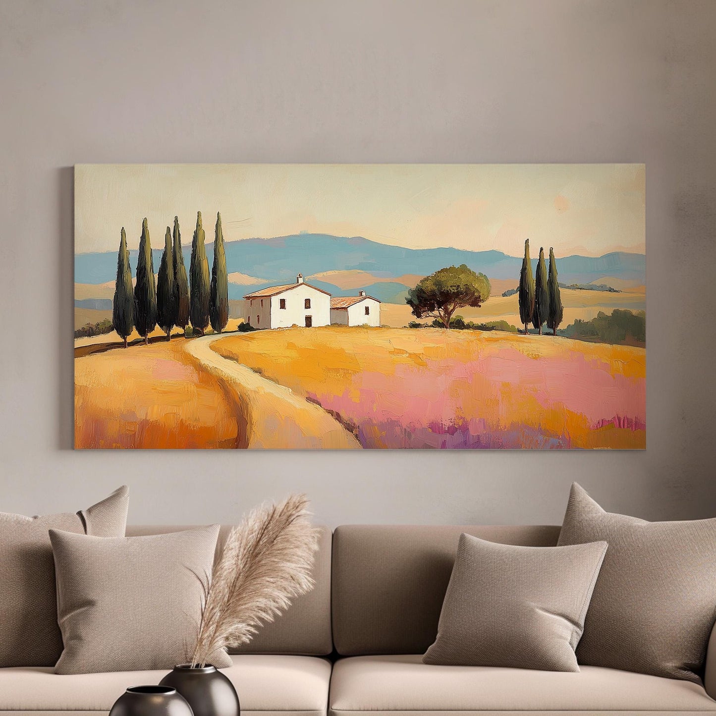 Tuscan Farmhouse Wall Art For Living Room, Horizontal Mediterranean Canvas Print, Tuscany Fields Decor Canvas Art