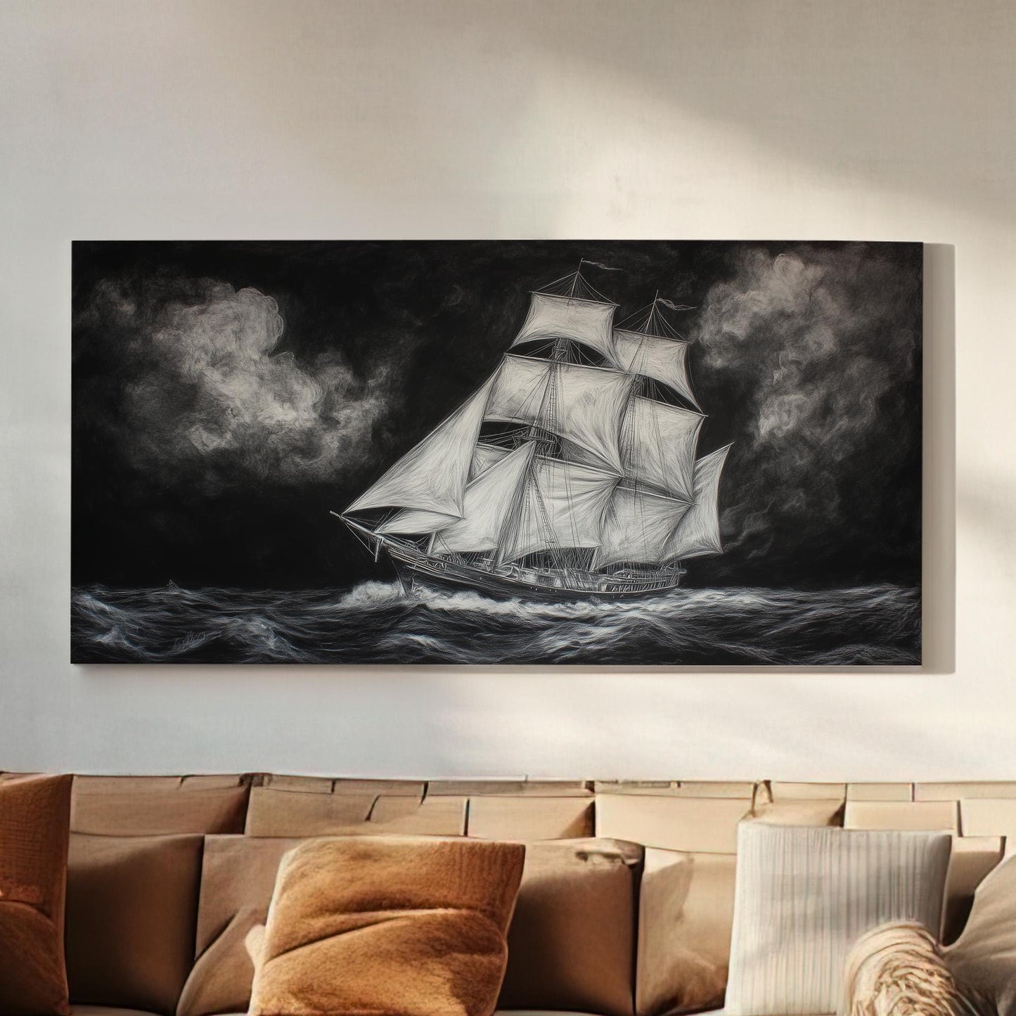 Pirate Ship Drawing Wall Art Wild Seas, Horizontal Nautical Vibes Canvas Print, Foggy Sea Decor Canvas Art