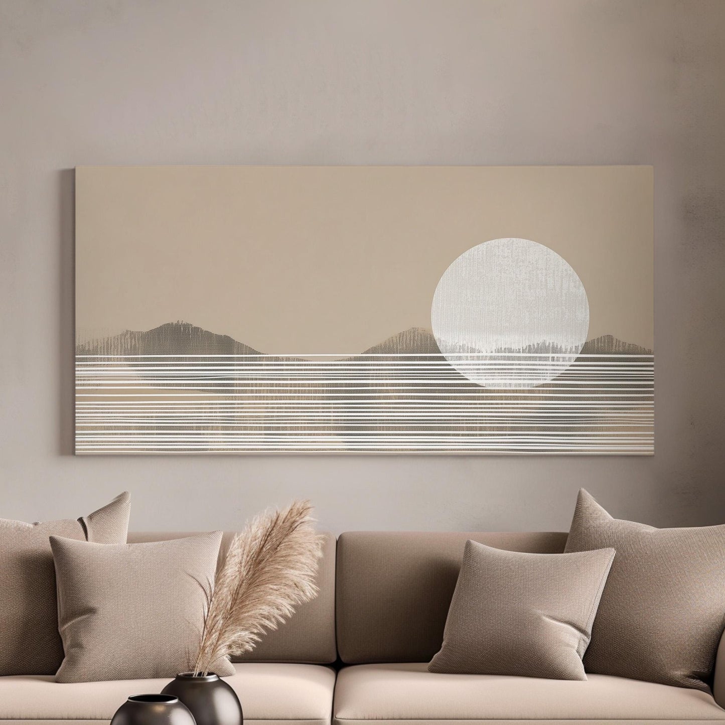 Neutral Abstract Sunset Wall Art Above Couch, Horizontal Minimalist Mountain Canvas Print, Boho Desert Decor Canvas Art