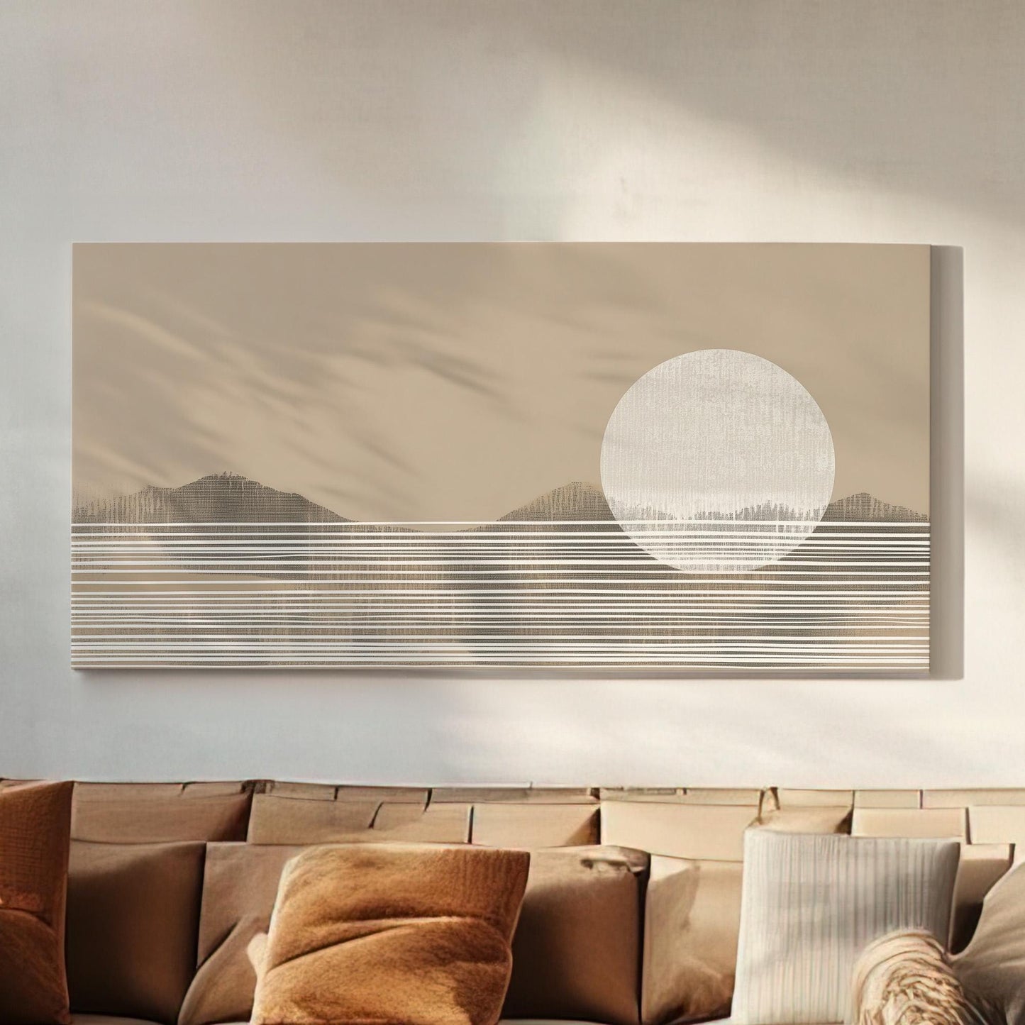 Neutral Abstract Sunset Wall Art Above Couch, Horizontal Minimalist Mountain Canvas Print, Boho Desert Decor Canvas Art