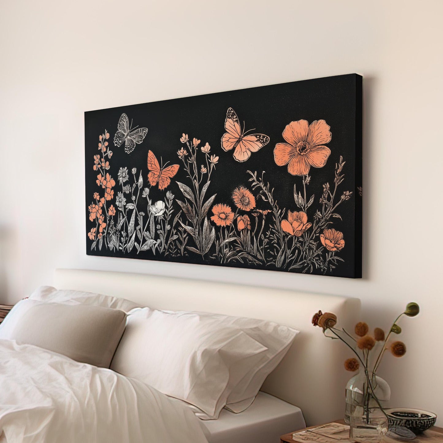 Linocut Flowers And Butterflies Wall Art Above Couch, Horizontal Minimal Drawing Canvas Print, Floral Decor Canvas Art