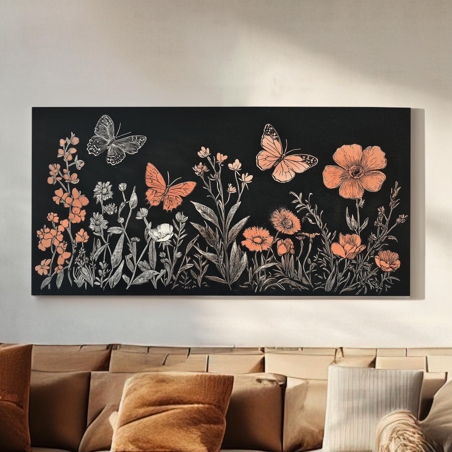 Linocut Flowers And Butterflies Wall Art Above Couch, Horizontal Minimal Drawing Canvas Print, Floral Decor Canvas Art