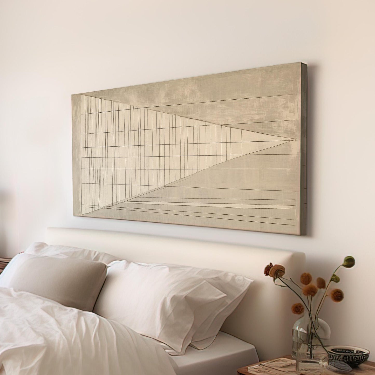 Linear Perspective Wall Art Above Couch, Horizontal Architectural Grid Canvas Print, Abstract Grid Decor Canvas Art