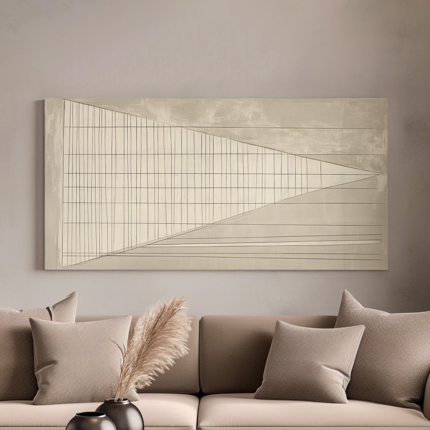 Linear Perspective Wall Art Above Couch, Horizontal Architectural Grid Canvas Print, Abstract Grid Decor Canvas Art