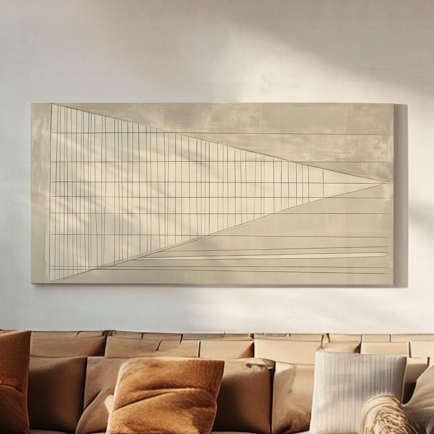 Linear Perspective Wall Art Above Couch, Horizontal Architectural Grid Canvas Print, Abstract Grid Decor Canvas Art