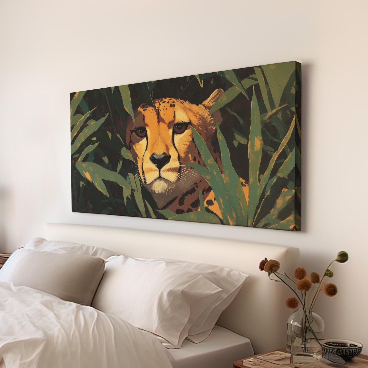 Hiding Cheetah Wall Art For Living Room, Horizontal Jungle Vibes Canvas Print, Savanna Decor Canvas Art