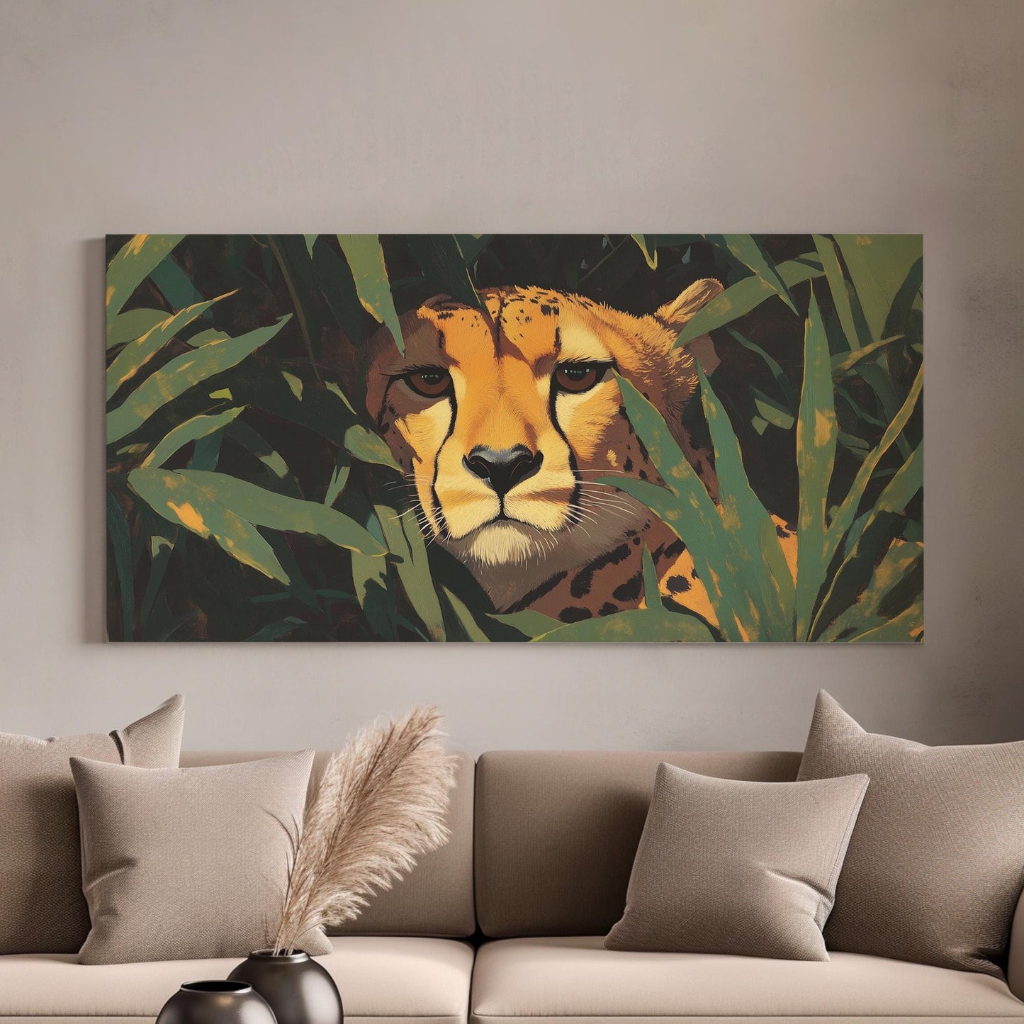 Hiding Cheetah Wall Art For Living Room, Horizontal Jungle Vibes Canvas Print, Savanna Decor Canvas Art