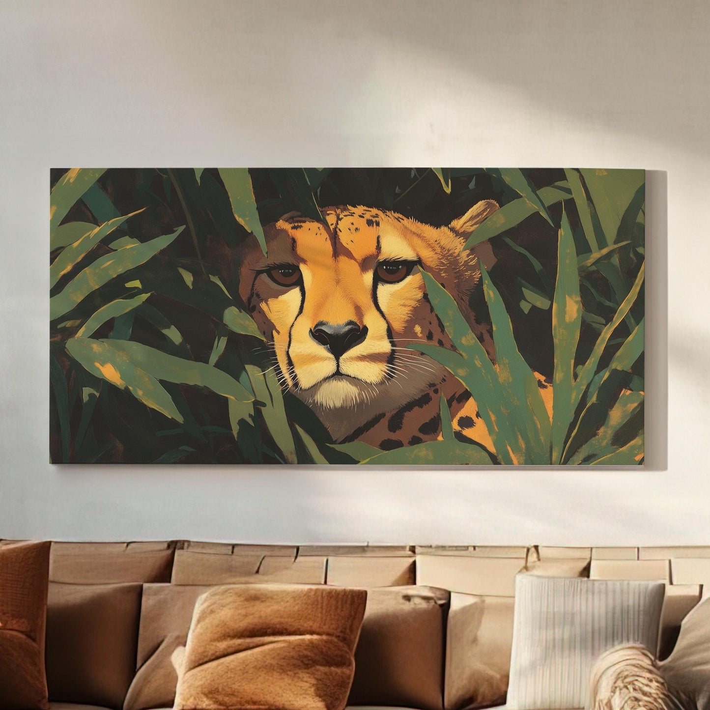 Hiding Cheetah Wall Art For Living Room, Horizontal Jungle Vibes Canvas Print, Savanna Decor Canvas Art