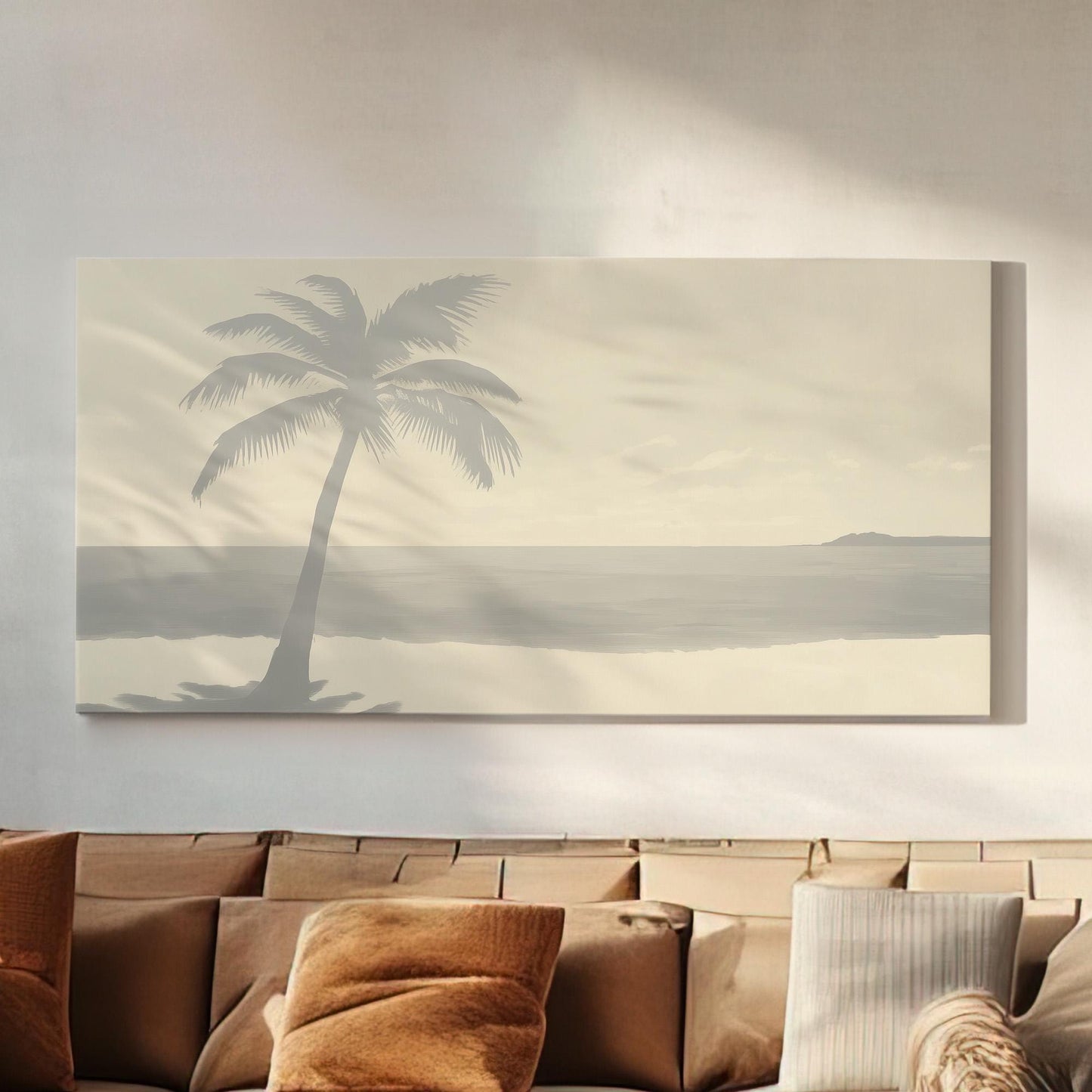 Grey Beach Landscape Wall Art For Living Room, Horizontal Palm Tree Canvas Print, Tropical Decor Canvas Art