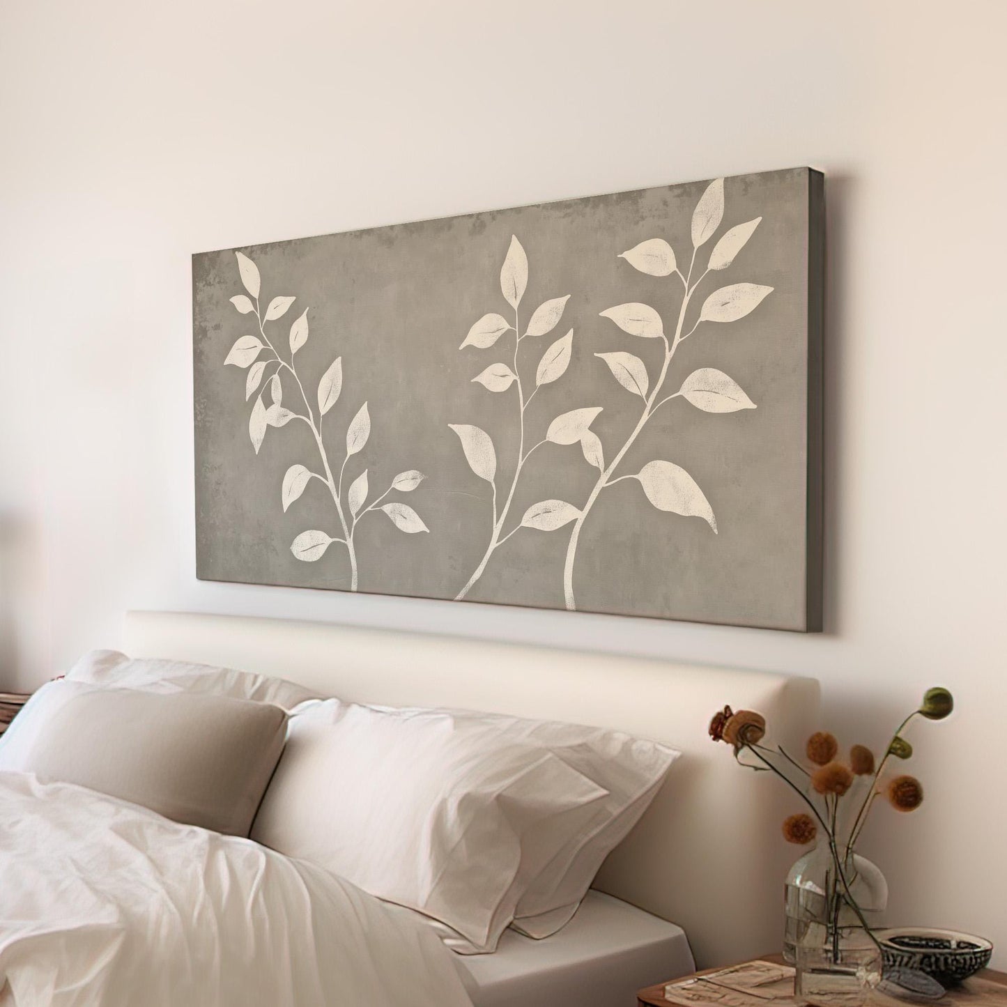 Grey Basil Linocut Wall Art For Kitchen, Horizontal Farmhouse Canvas Print, Botanical Decor Canvas Art