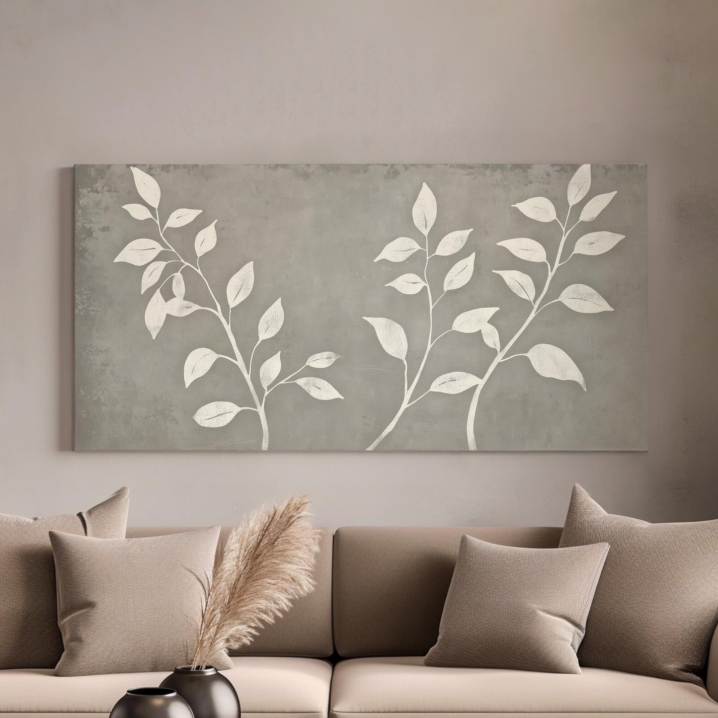Grey Basil Linocut Wall Art For Kitchen, Horizontal Farmhouse Canvas Print, Botanical Decor Canvas Art