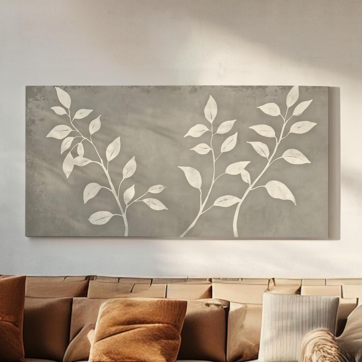 Grey Basil Linocut Wall Art For Kitchen, Horizontal Farmhouse Canvas Print, Botanical Decor Canvas Art