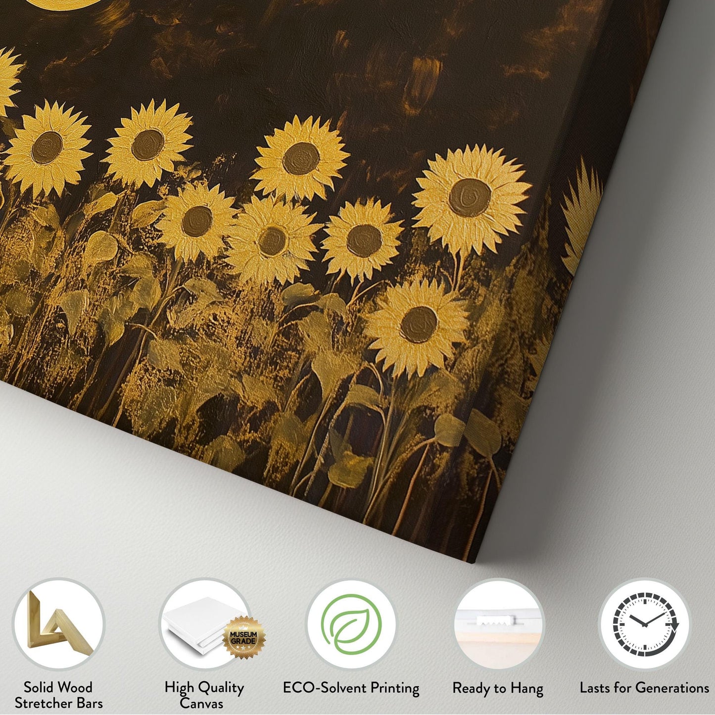 Golden Sunflowers Wall Art Above Bed, Horizontal Warm Sun Canvas Print, Minimal Abstract Decor Canvas Art