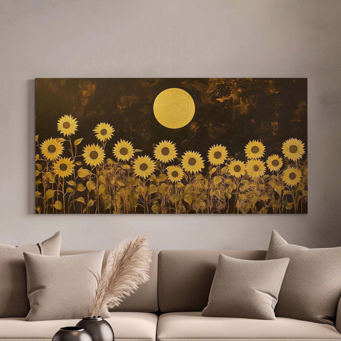 Golden Sunflowers Wall Art Above Bed, Horizontal Warm Sun Canvas Print, Minimal Abstract Decor Canvas Art