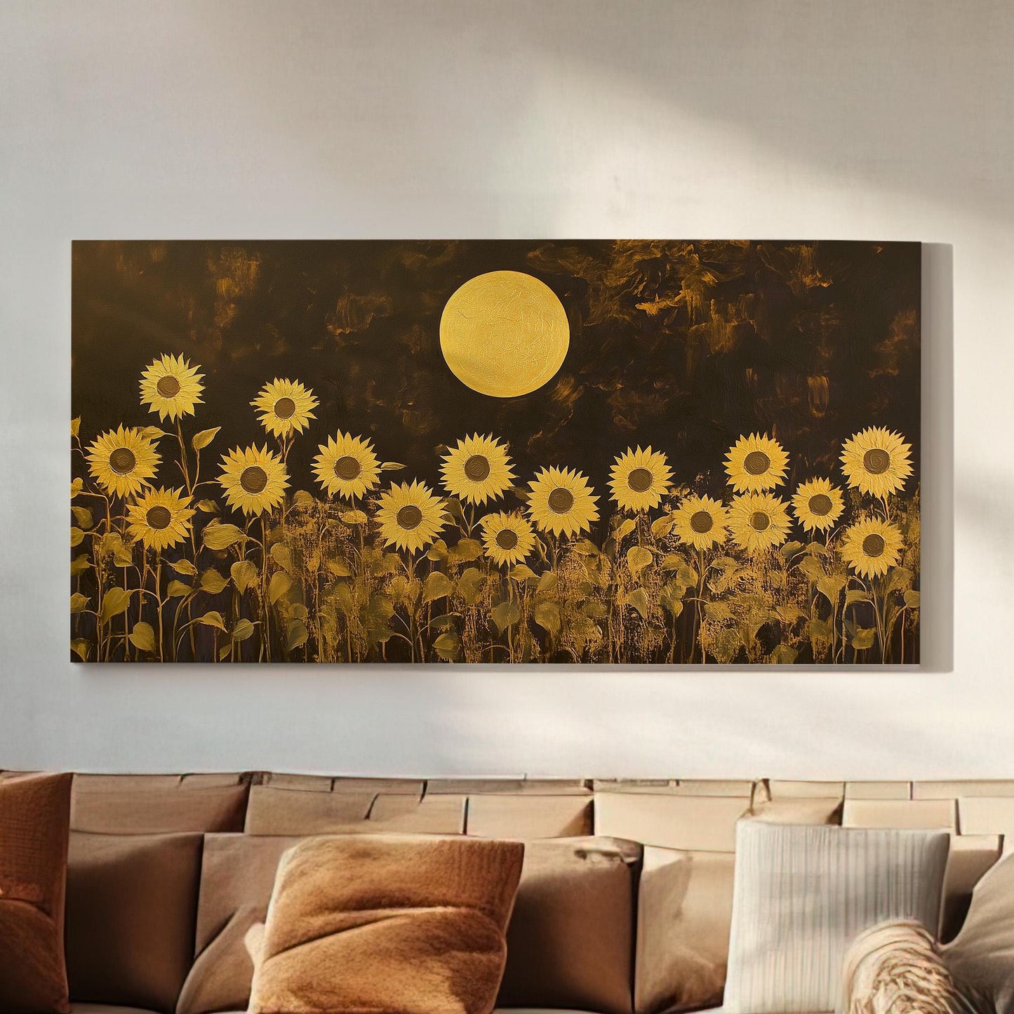 Golden Sunflowers Wall Art Above Bed, Horizontal Warm Sun Canvas Print, Minimal Abstract Decor Canvas Art