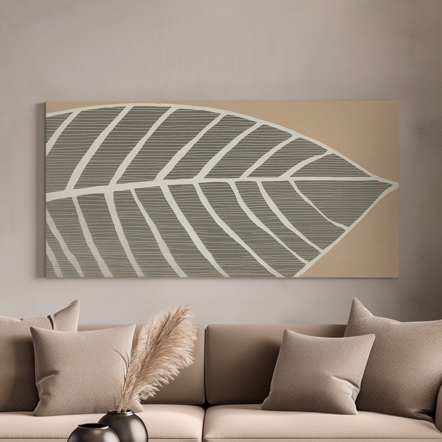 Cozy Leaf Wall Art For Living Room, Horizontal Boho Botanical Canvas Print, Nature Inspired Decor Canvas Art