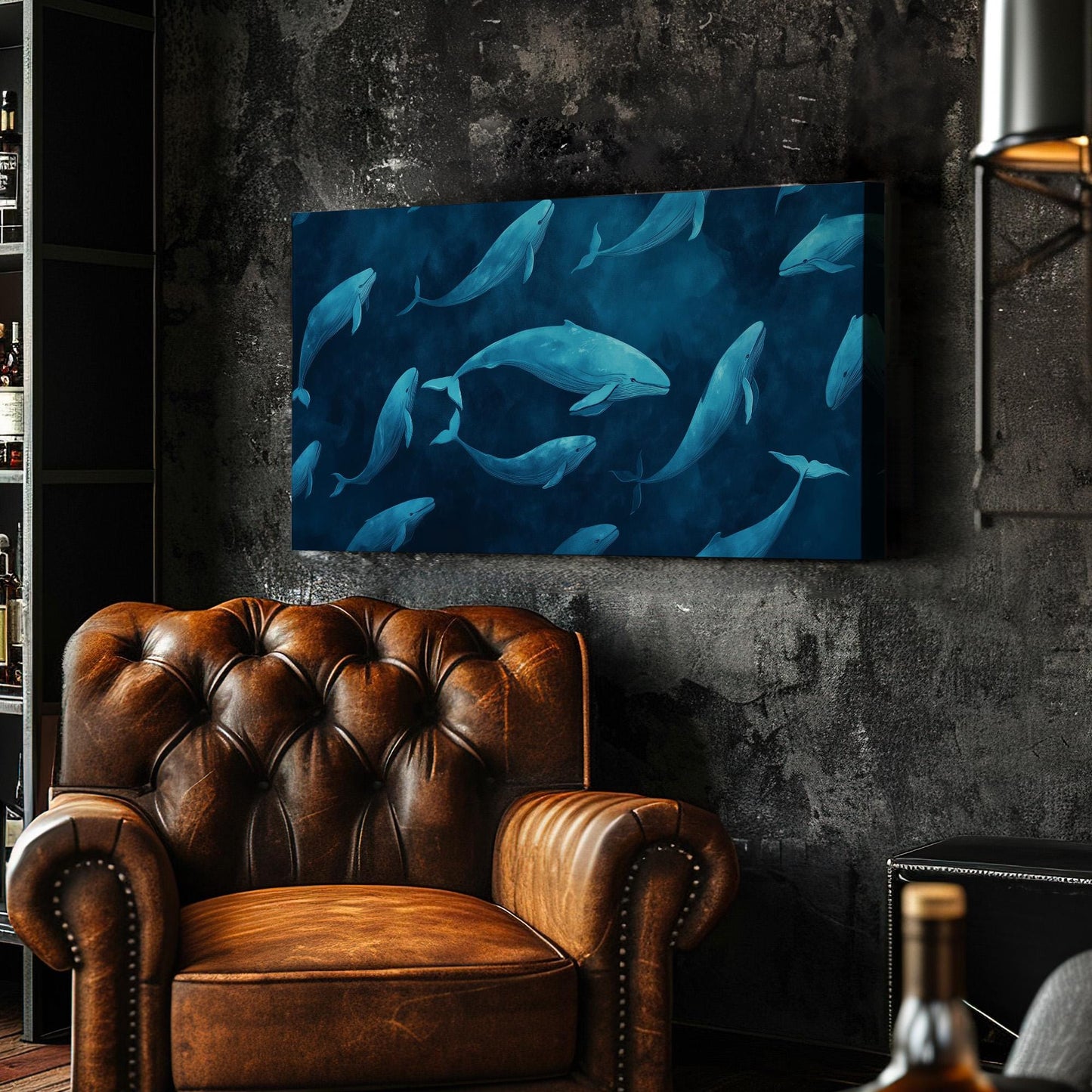 Blue Whales Wall Art For Bedroom, Horizontal Nursery Ocean Canvas Print, Minimalist Blue Decor Canvas Art