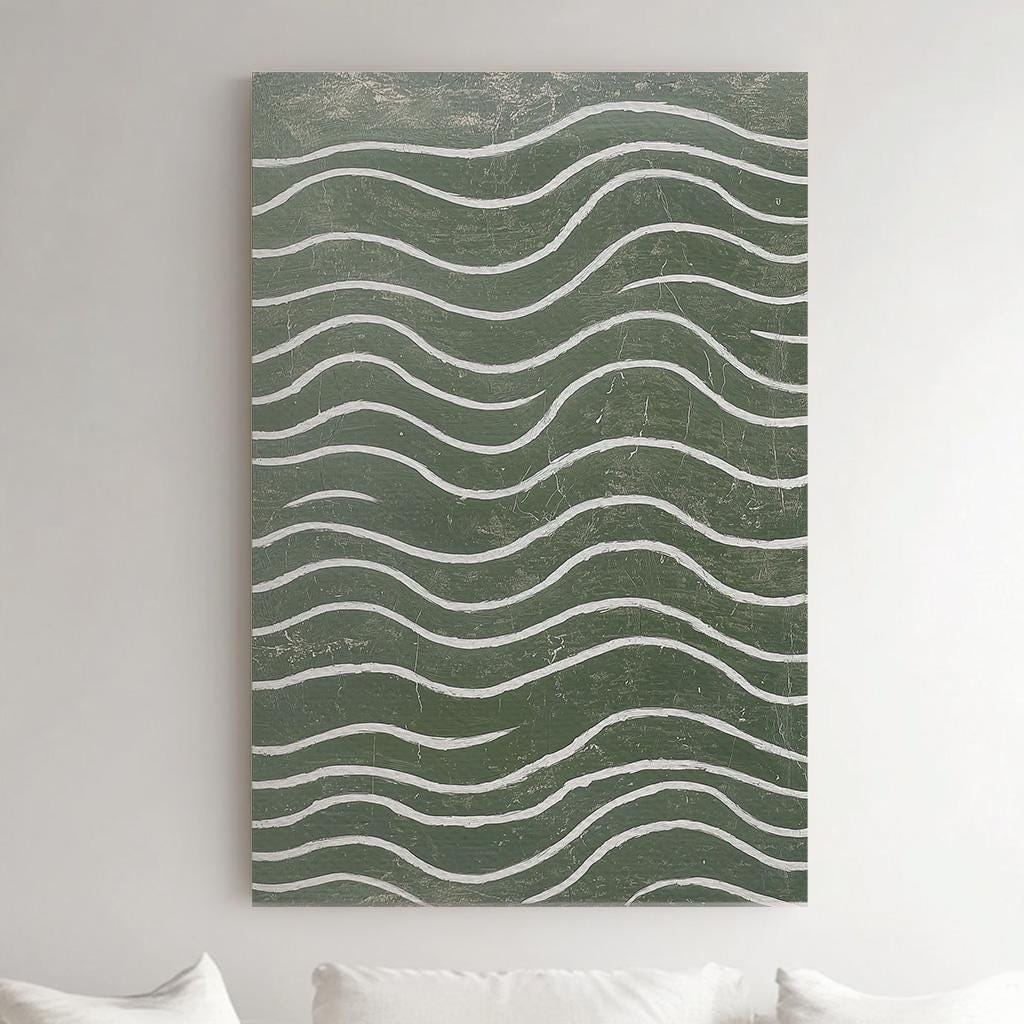 Sage Green Abstract Wall Art For Living Room, Vertical Nature Inspired Canvas Print, Japandi Waves Decor Canvas Art