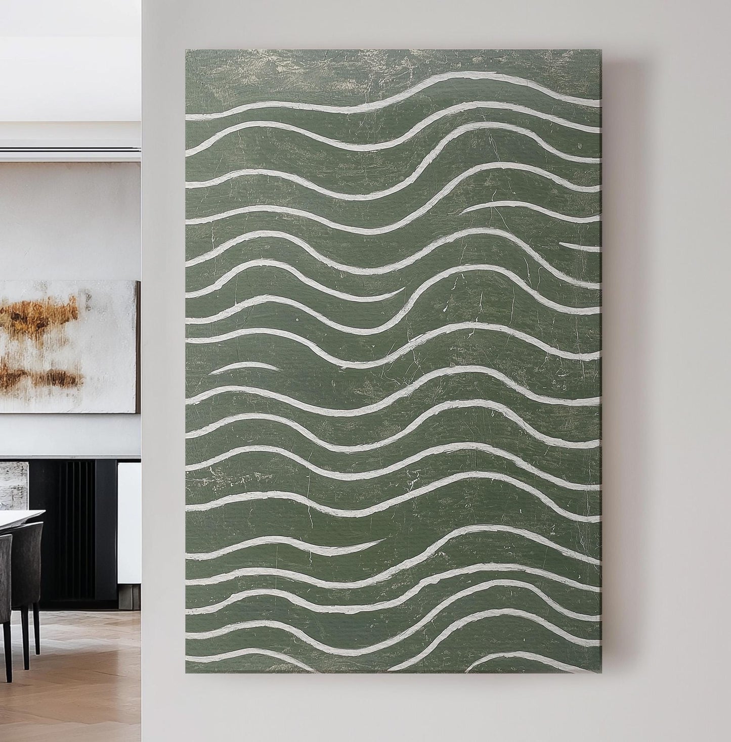 Sage Green Abstract Wall Art For Living Room, Vertical Nature Inspired Canvas Print, Japandi Waves Decor Canvas Art