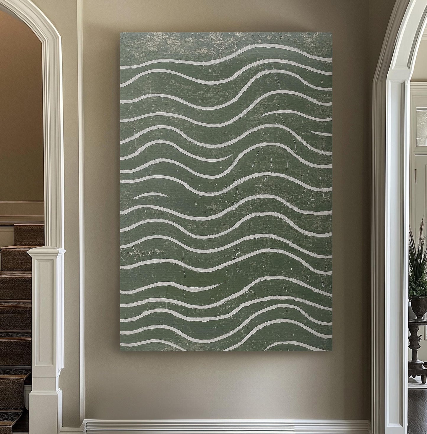 Sage Green Abstract Wall Art For Living Room, Vertical Nature Inspired Canvas Print, Japandi Waves Decor Canvas Art