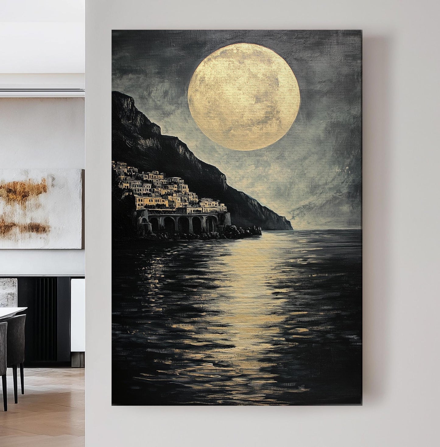 Amalfi Coast Huge Moon Wall Art For Living Room, Vertical Italian Canvas Print, Full Moon Decor Canvas Art