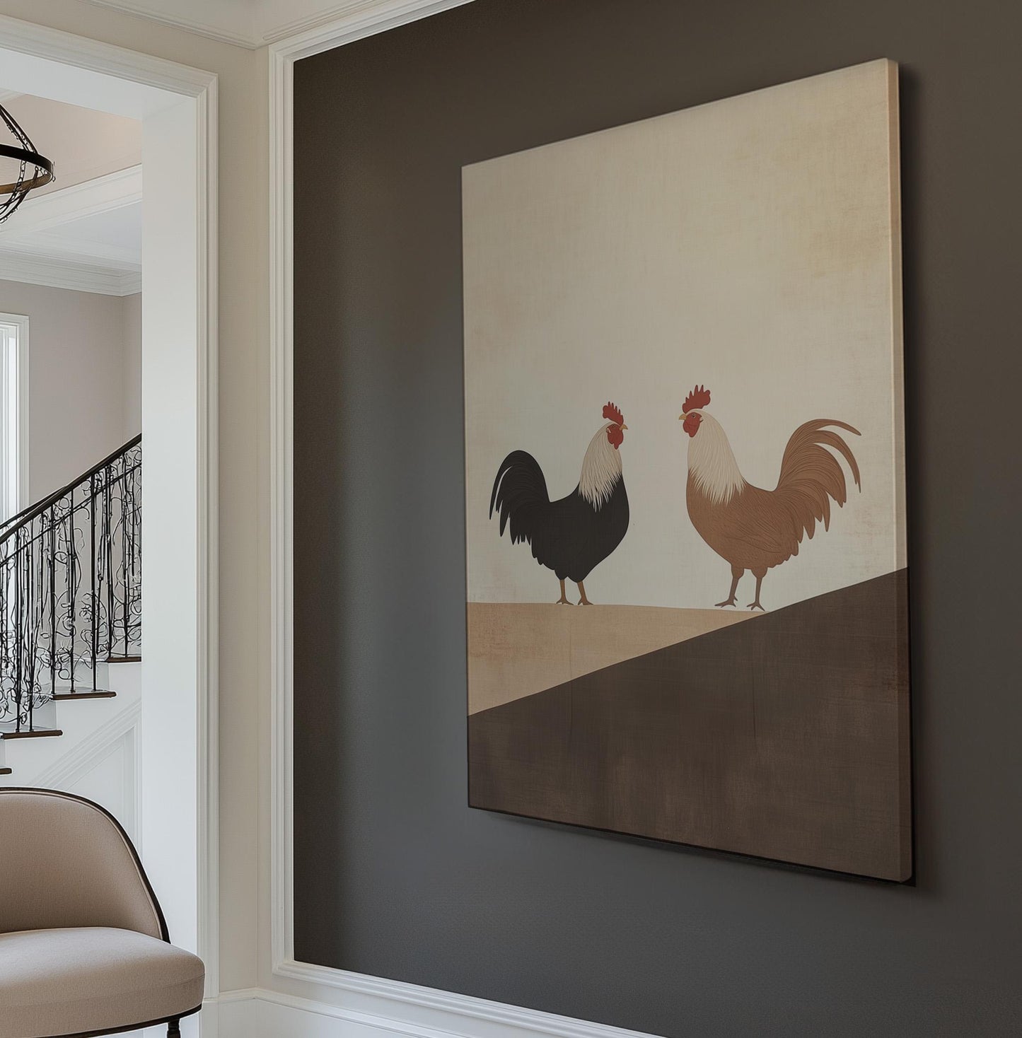 Abstract Roosters Wall Art Minimal Farmhouse, Vertical Homestead Canvas Print, Moody Colors Decor Canvas Art