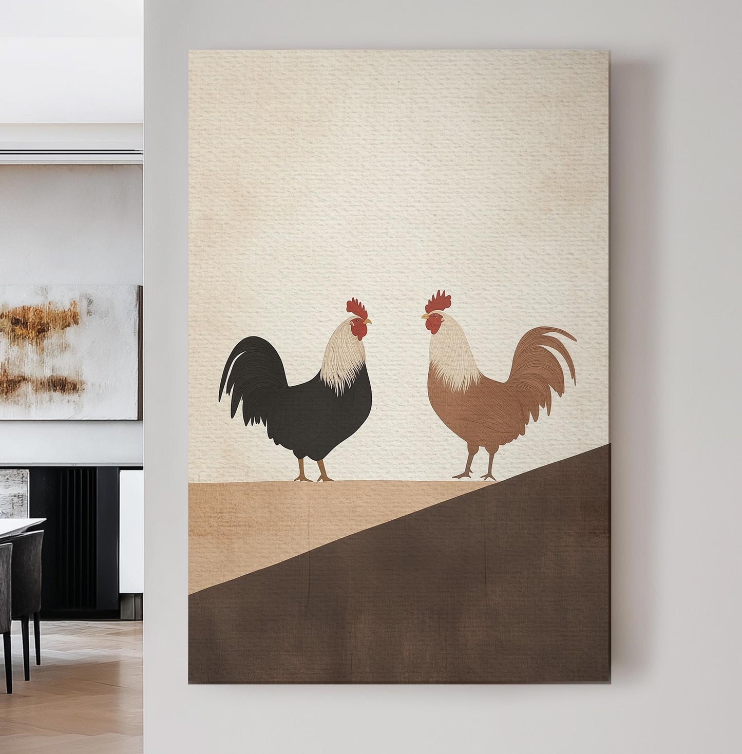 Abstract Roosters Wall Art Minimal Farmhouse, Vertical Homestead Canvas Print, Moody Colors Decor Canvas Art
