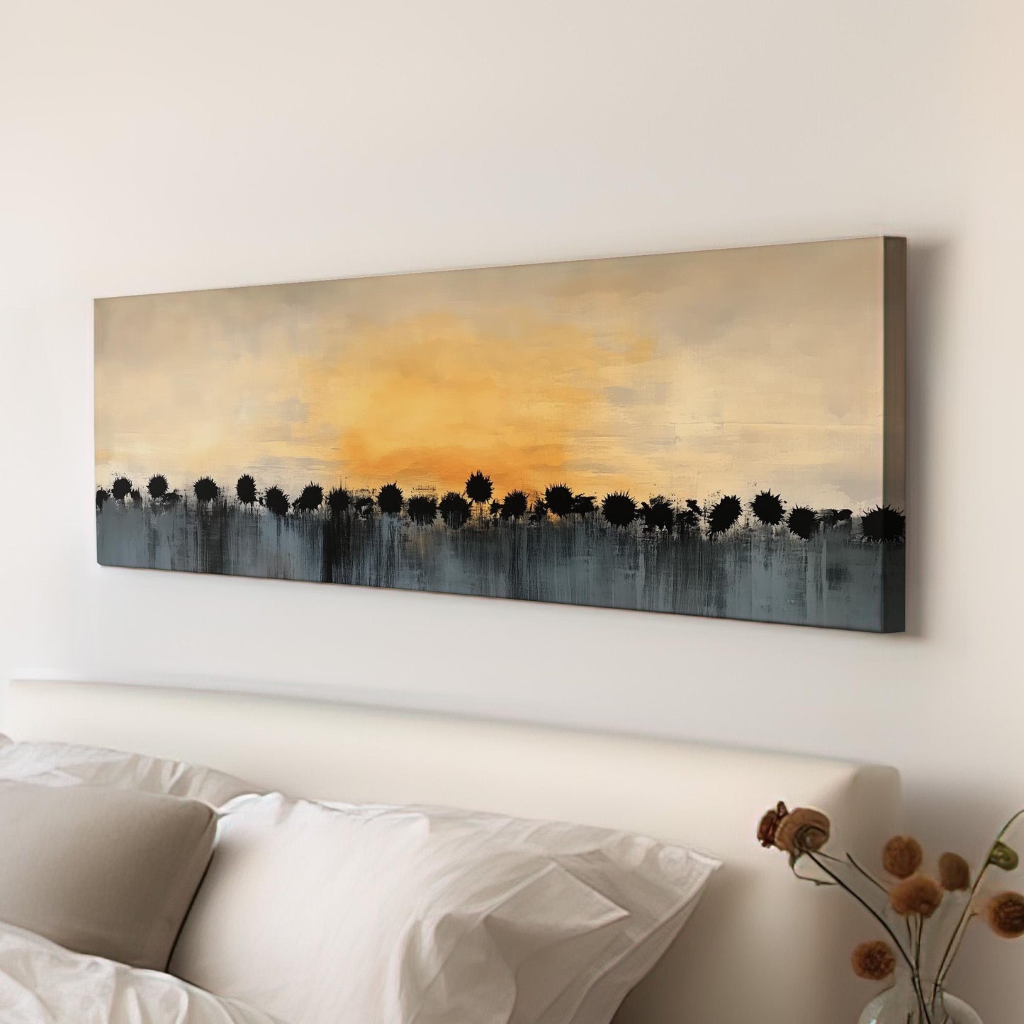 Sunset Above Sunflower Field Panoramic Art Above Bed, Canvas Warm Sun Wall Art Print, Minimal Abstract Decor Canvas Art