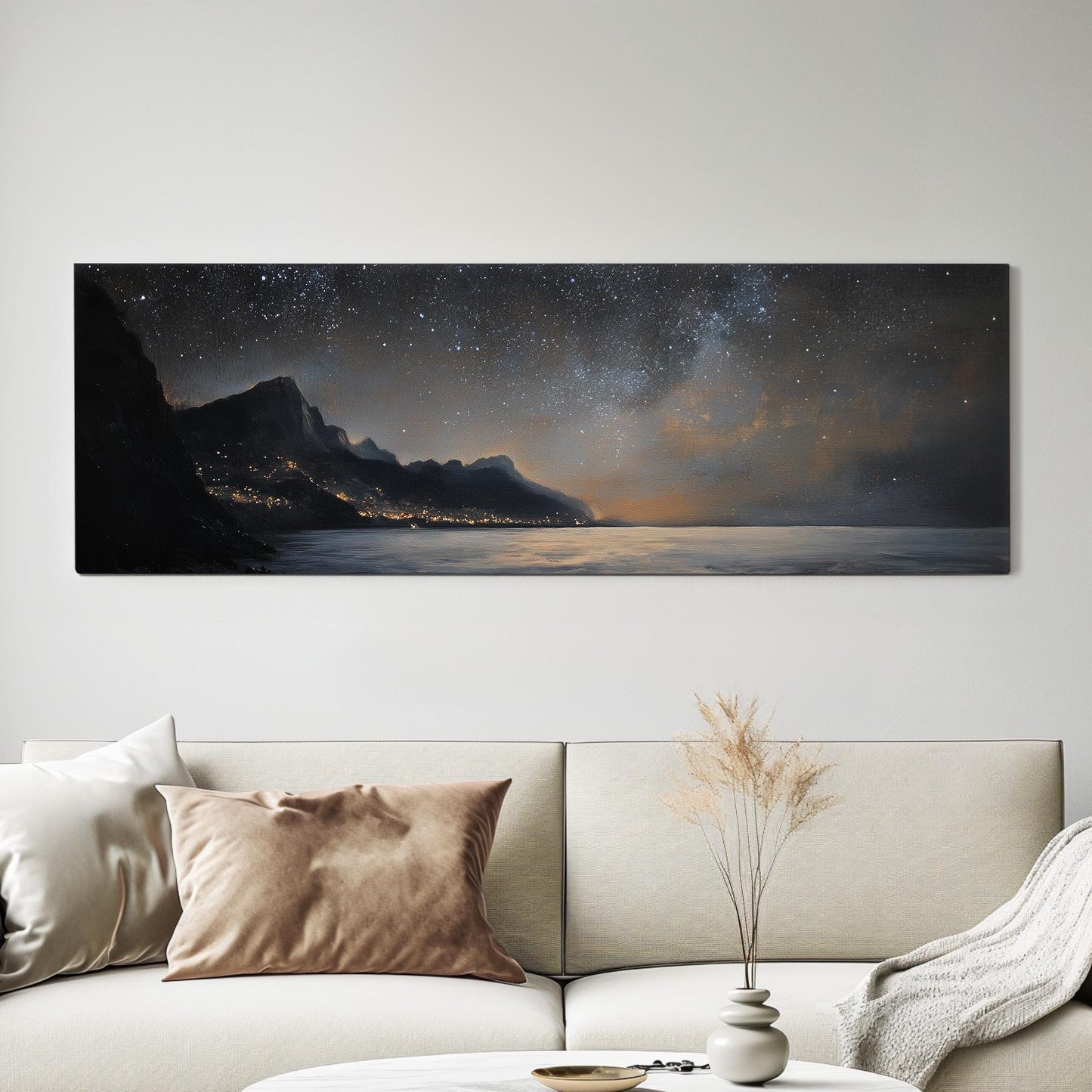 Starry Night Amalfi Coast Panoramic Art Above Bed, Canvas Clear Sky Wall Art Print, Coastal Decor Canvas Art