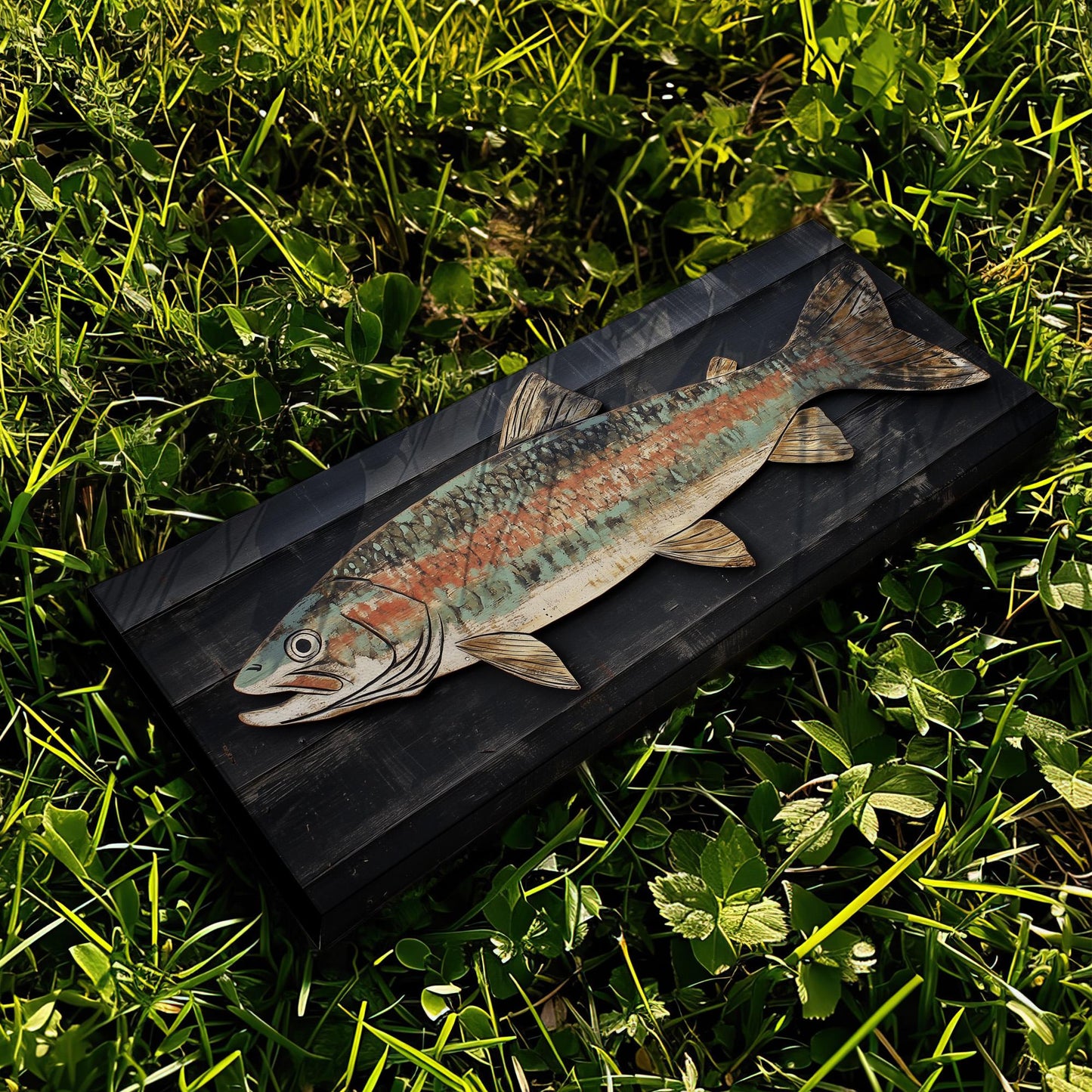 Rustic Trout Panoramic Art Above Bed, Canvas Fishing Shack Wall Art Print, Lake House Decor Canvas Art