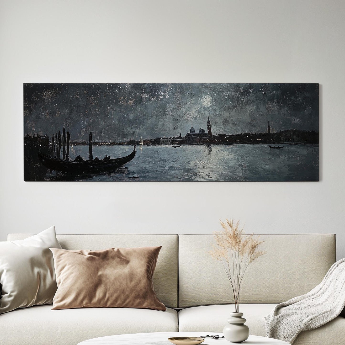 Night Sky Over Venice Panoramic Art For Bedroom, Canvas Clear Sky Wall Art Print, Mediterranean Decor Canvas Art