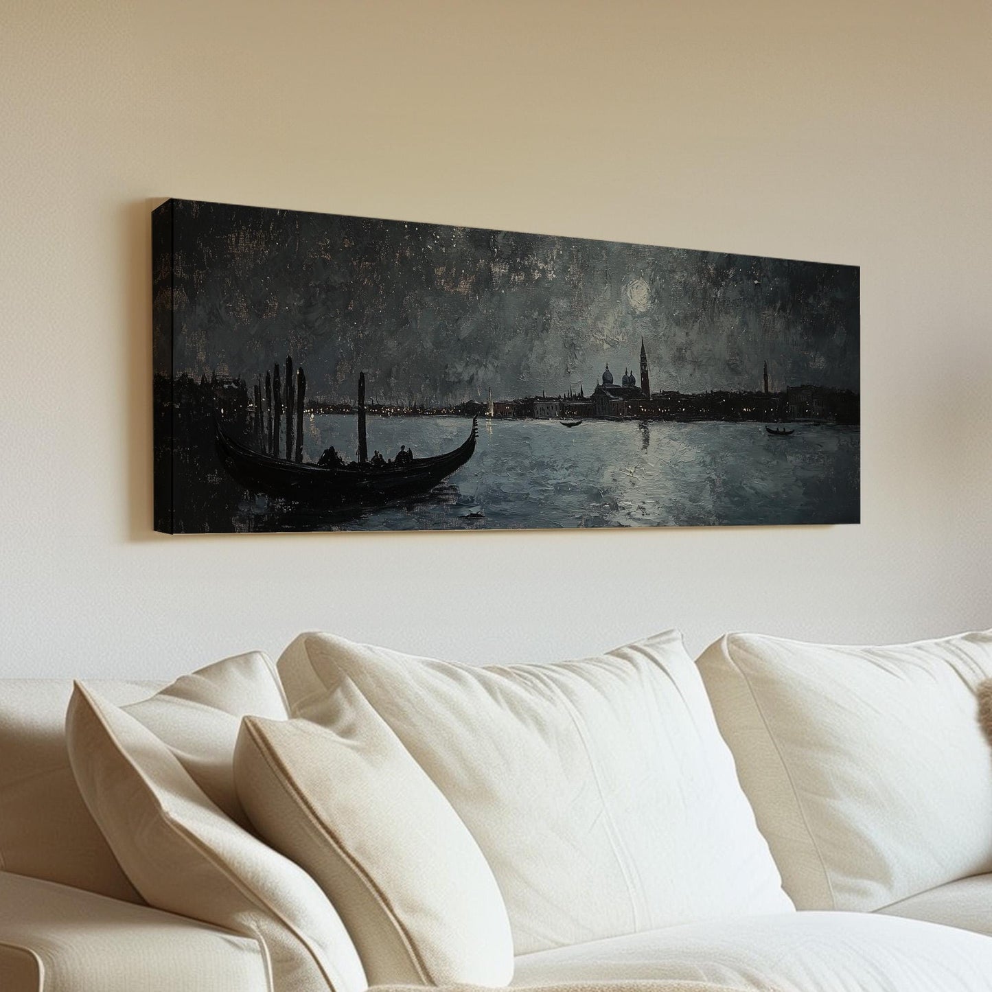 Night Sky Over Venice Panoramic Art For Bedroom, Canvas Clear Sky Wall Art Print, Mediterranean Decor Canvas Art
