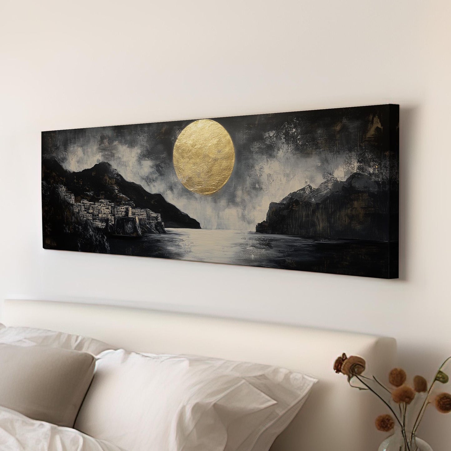 Amalfi Coast Full Moon Panoramic Art For Bedroom, Canvas Italian Wall Art Print, Coastal Decor Canvas Art