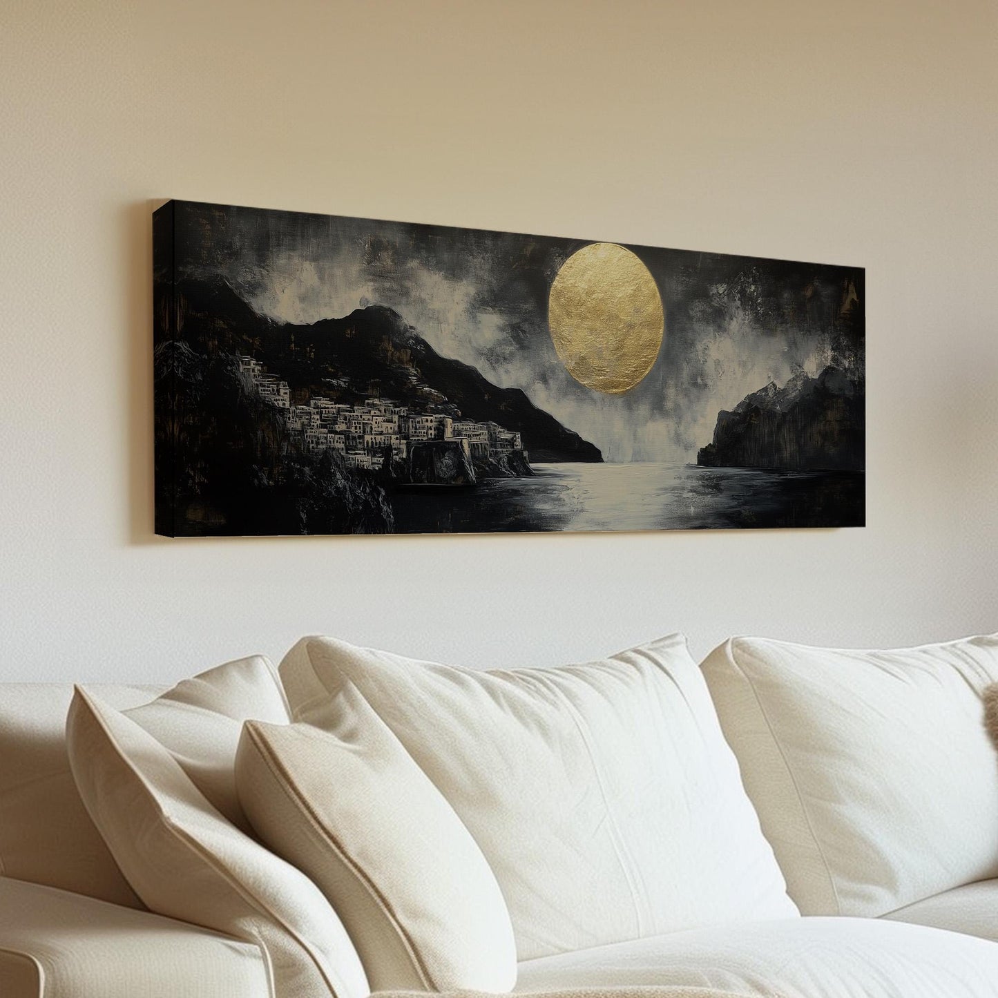 Amalfi Coast Full Moon Panoramic Art For Bedroom, Canvas Italian Wall Art Print, Coastal Decor Canvas Art
