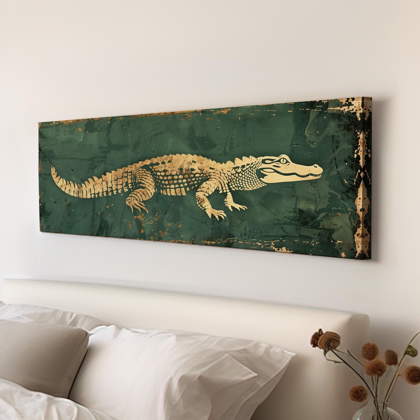 Gold And Green Alligator Panoramic Art For Bedroom, Canvas Florida Art Wall Art Print, Minimal Wildlife Decor Canvas Art