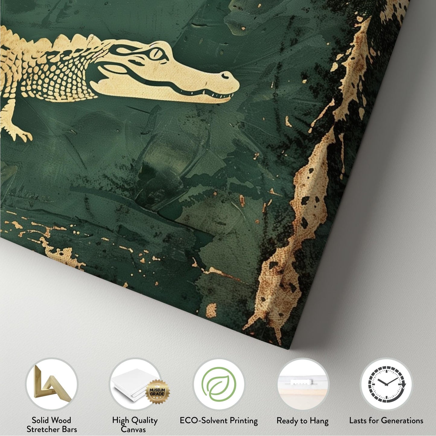 Gold And Green Alligator Panoramic Art For Bedroom, Canvas Florida Art Wall Art Print, Minimal Wildlife Decor Canvas Art