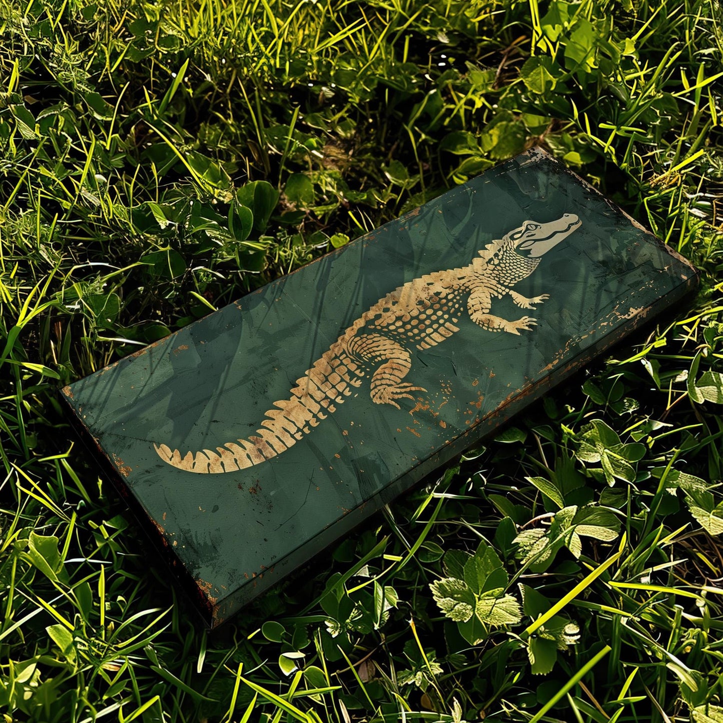 Gold And Green Alligator Panoramic Art For Bedroom, Canvas Florida Art Wall Art Print, Minimal Wildlife Decor Canvas Art