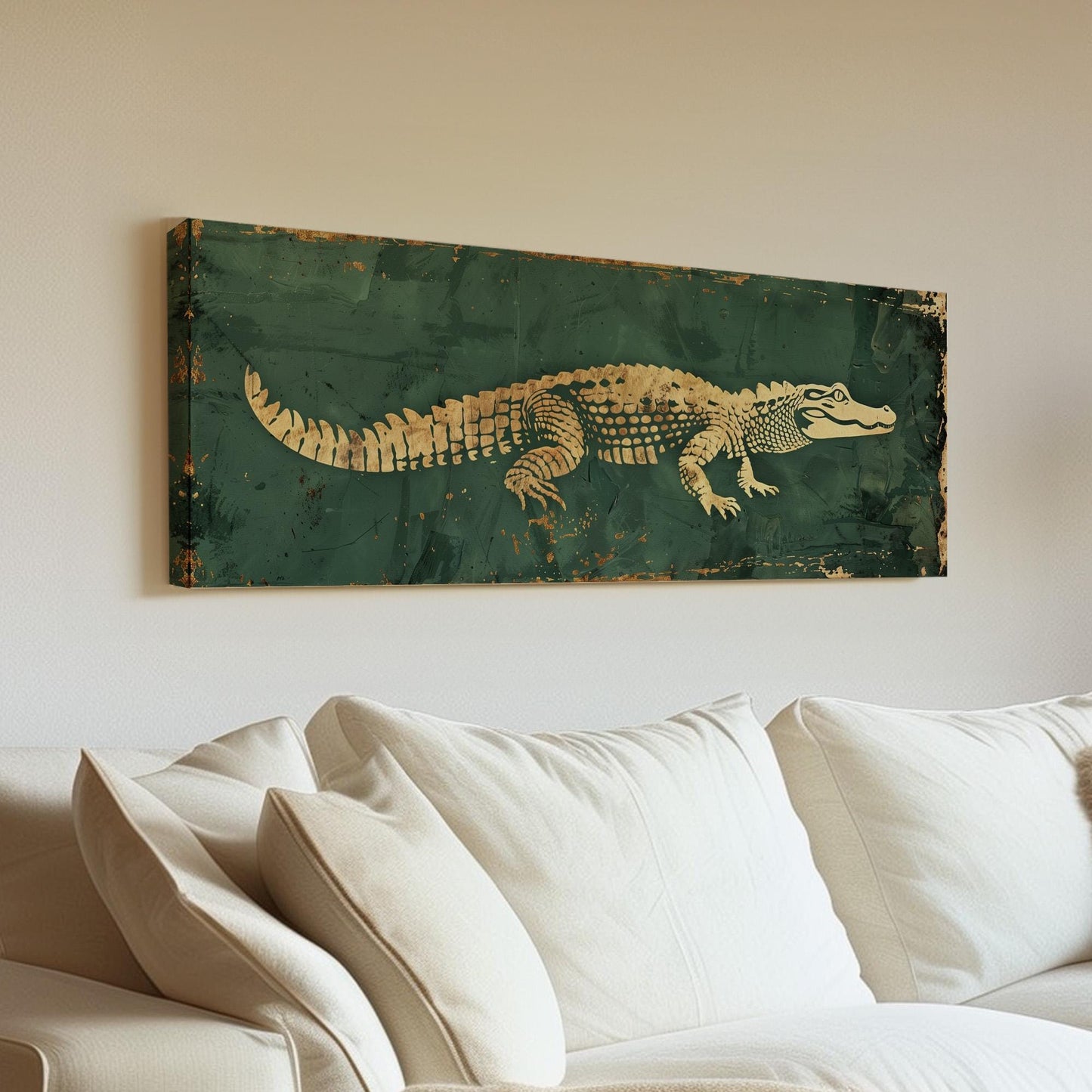 Gold And Green Alligator Panoramic Art For Bedroom, Canvas Florida Art Wall Art Print, Minimal Wildlife Decor Canvas Art