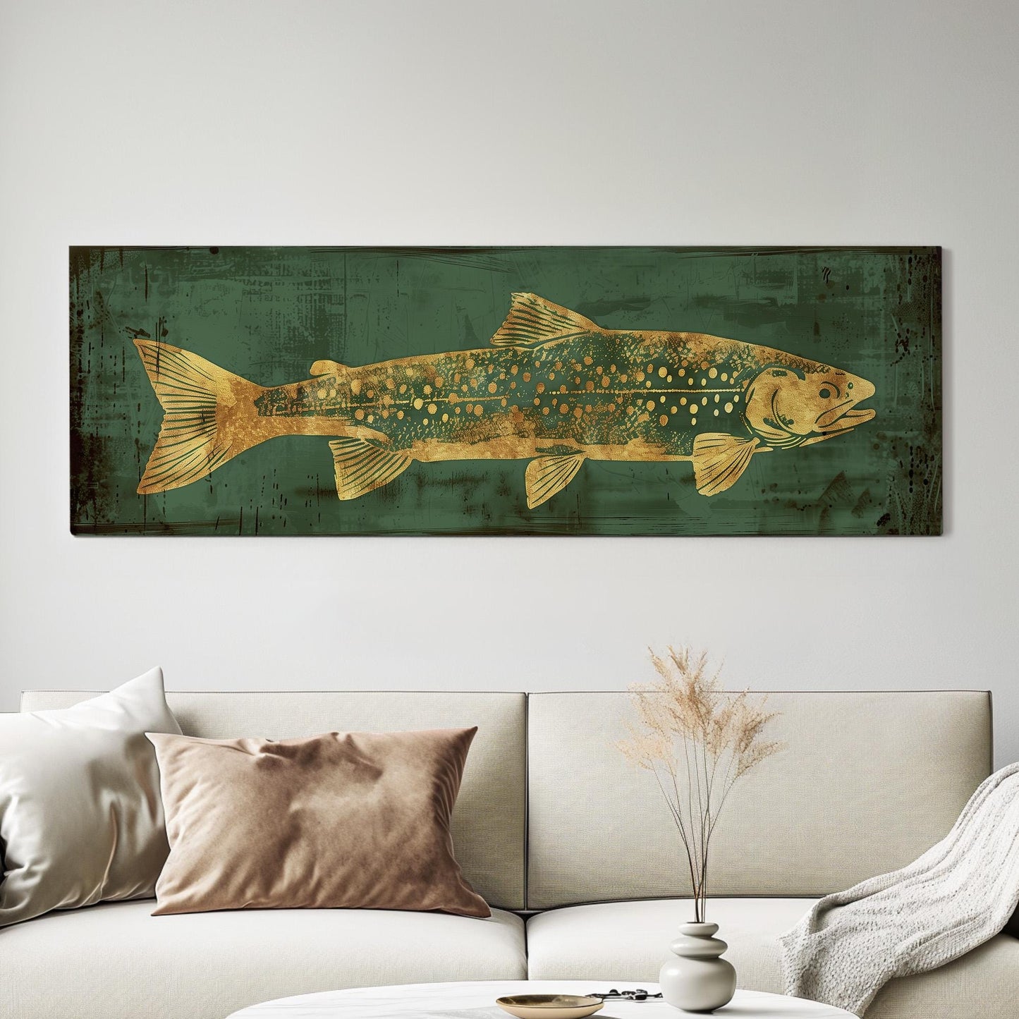 Green And Gold Trout Panoramic Art Above Bed, Canvas Fishing Wall Art Print, Lake House Decor Canvas Art