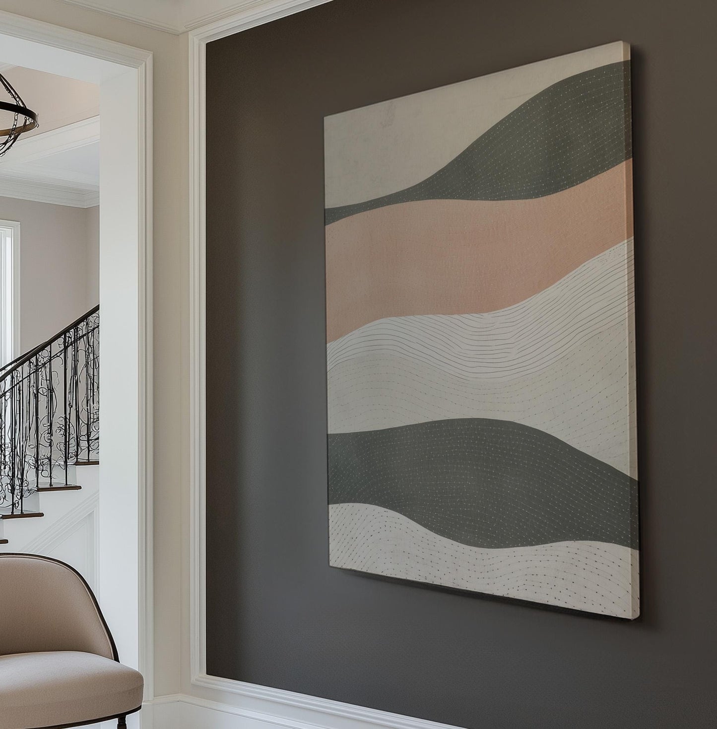 Blush Horizons Wall Art For Living Room, Vertical Soft Flowing Waves Canvas Print, Muted Waves Decor Canvas Art