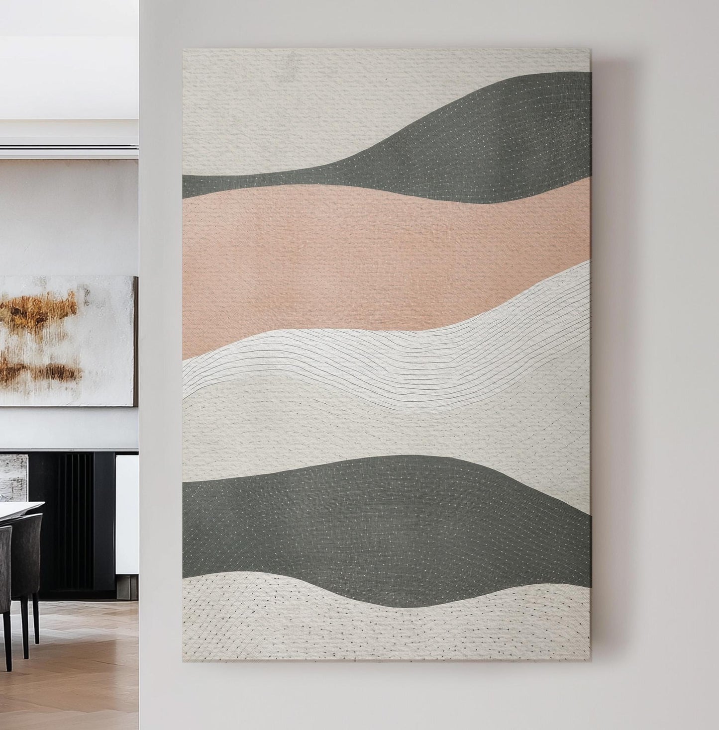 Blush Horizons Wall Art For Living Room, Vertical Soft Flowing Waves Canvas Print, Muted Waves Decor Canvas Art