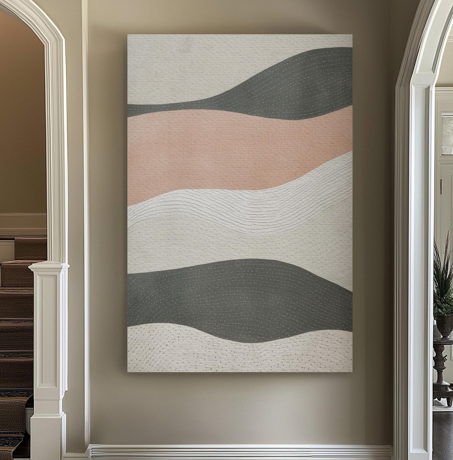 Blush Horizons Wall Art For Living Room, Vertical Soft Flowing Waves Canvas Print, Muted Waves Decor Canvas Art