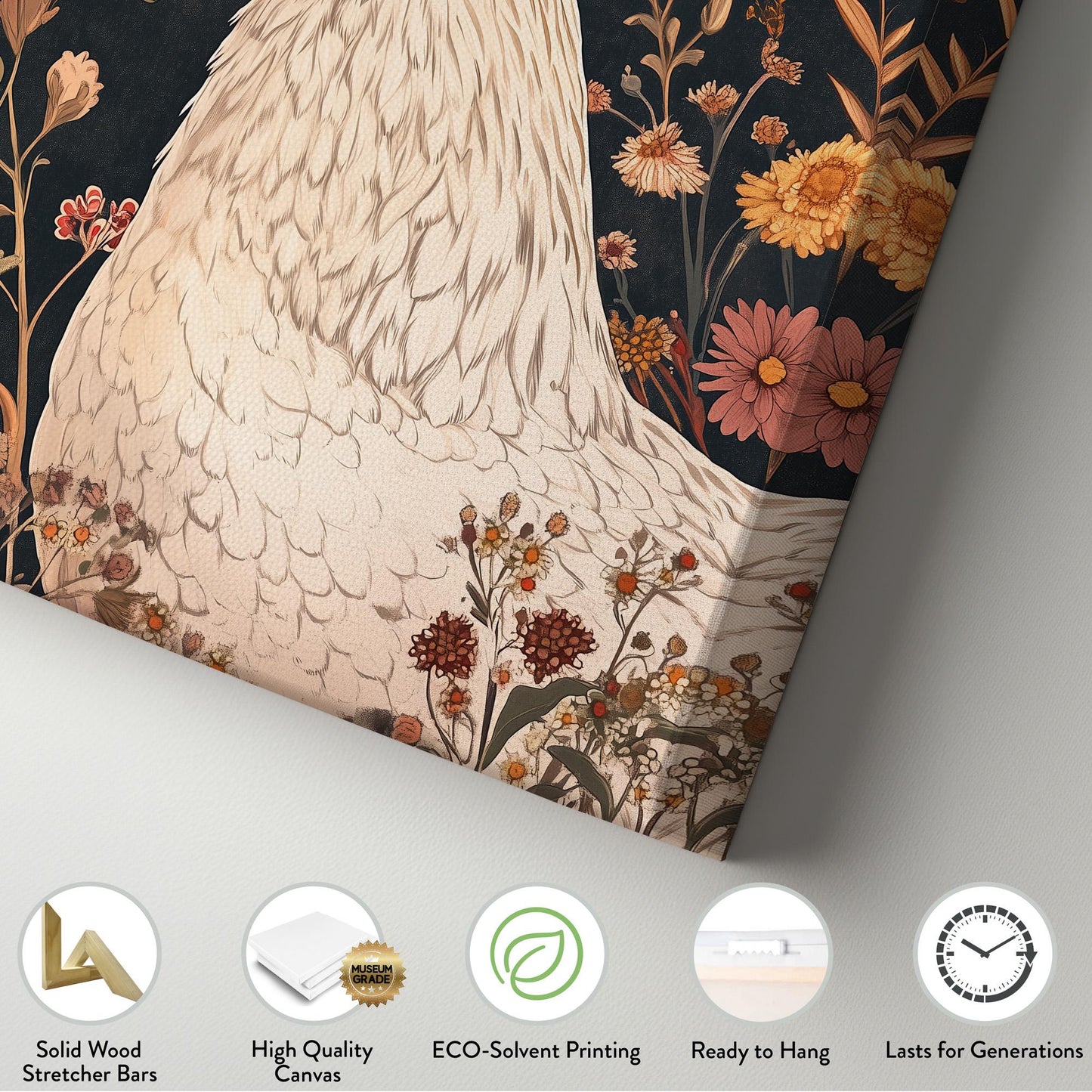 Floral Rooster Wall Art Rustic Farmhouse, Vertical Homestead Canvas Print, Chicken Coup Decor Canvas Art