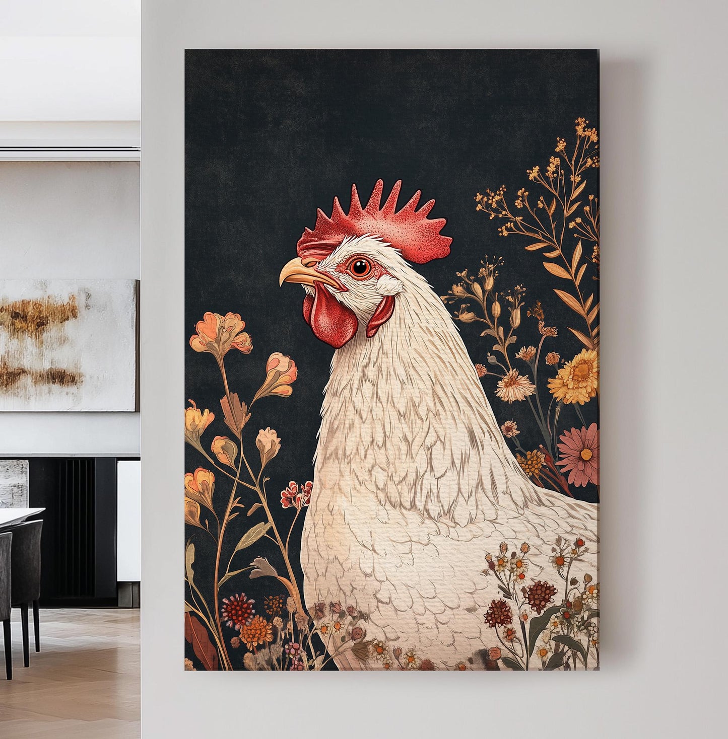 Floral Rooster Wall Art Rustic Farmhouse, Vertical Homestead Canvas Print, Chicken Coup Decor Canvas Art